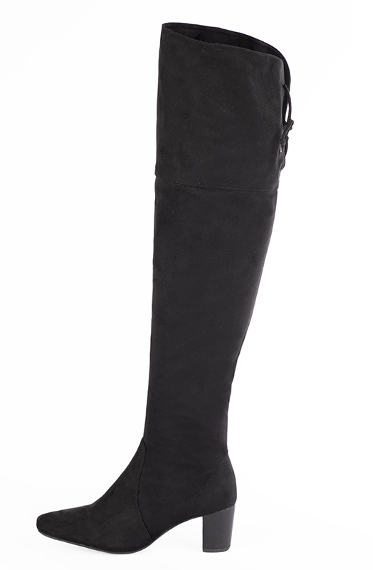 Dark grey women's leather thigh-high boots. Round toe. Medium block heels. Made to measure. Profile view - Florence KOOIJMAN